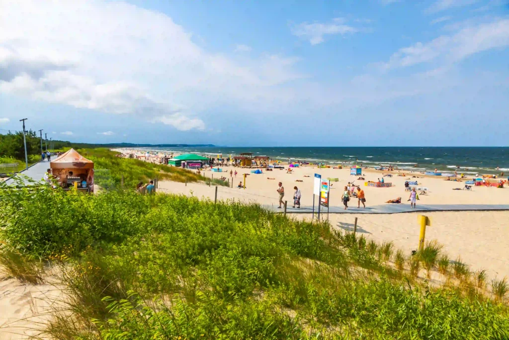 Perfekter Ostsee Urlaub mit Hund: Die besten Tipps und Tricks 1 Belebter Ostseestrand mit Promenade und Dünenvegetation, bietet viel Platz für Aktivitäten und Spaziergänge mit dem Hund.
