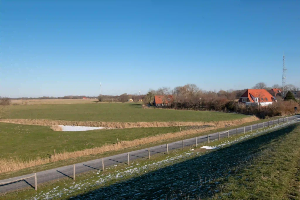Norddeich mit Hund: Perfekter Nordsee-Urlaub mit Vierbeiner 5 Ein weitläufiges grünes Feld in Norddeich mit einzelnen Häusern und einem Windrad im Hintergrund unter blauem Himmel. Ideal für Spaziergänge mit Hund in Norddeich.