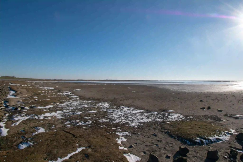 Norddeich mit Hund: Perfekter Nordsee-Urlaub mit Vierbeiner 4 Eine weite, winterliche Landschaft in Norddeich mit teilweise schneebedecktem Boden und Blick auf das Wattenmeer unter einem strahlend blauen Himmel und heller Sonne. Auch im Winter ist Norddeich mit Hund einen Besuch wert.