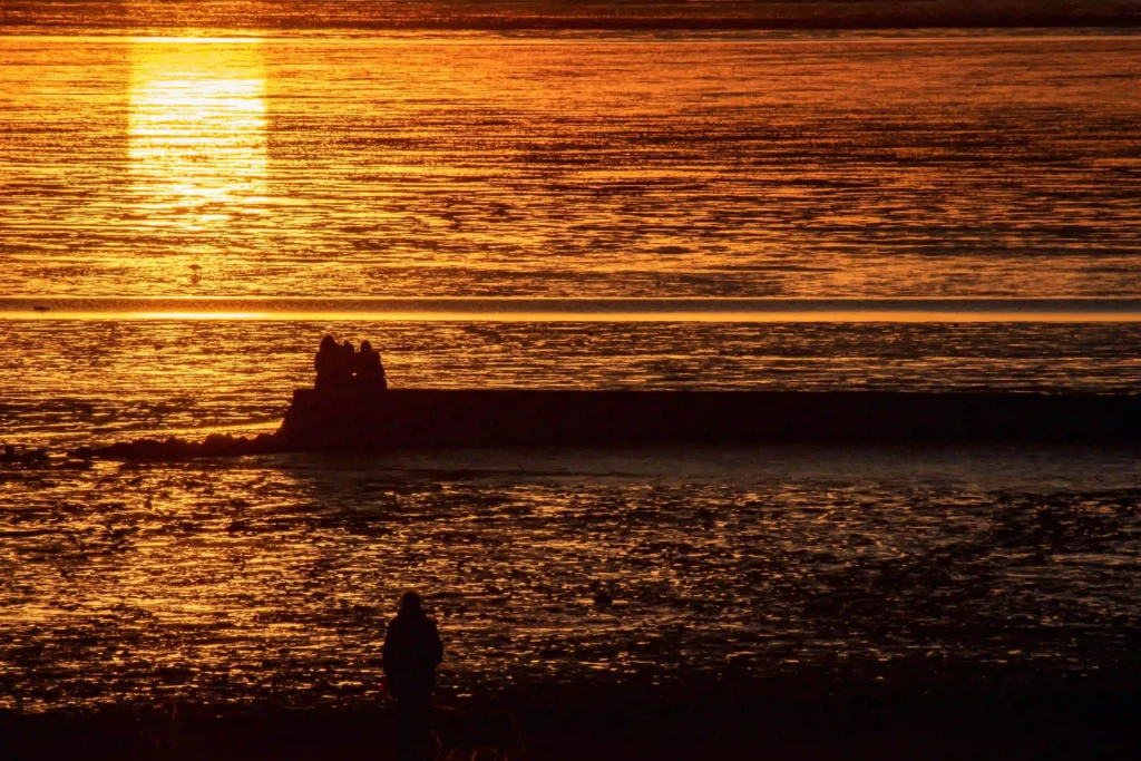 Norddeich mit Hund: Perfekter Nordsee-Urlaub mit Vierbeiner 3 Silhouetten von Menschen auf einem Steg am Wattenmeer in Norddeich bei Sonnenuntergang, das Wasser leuchtet golden – genießen Sie diese Atmosphäre auch mit Ihrem Hund.