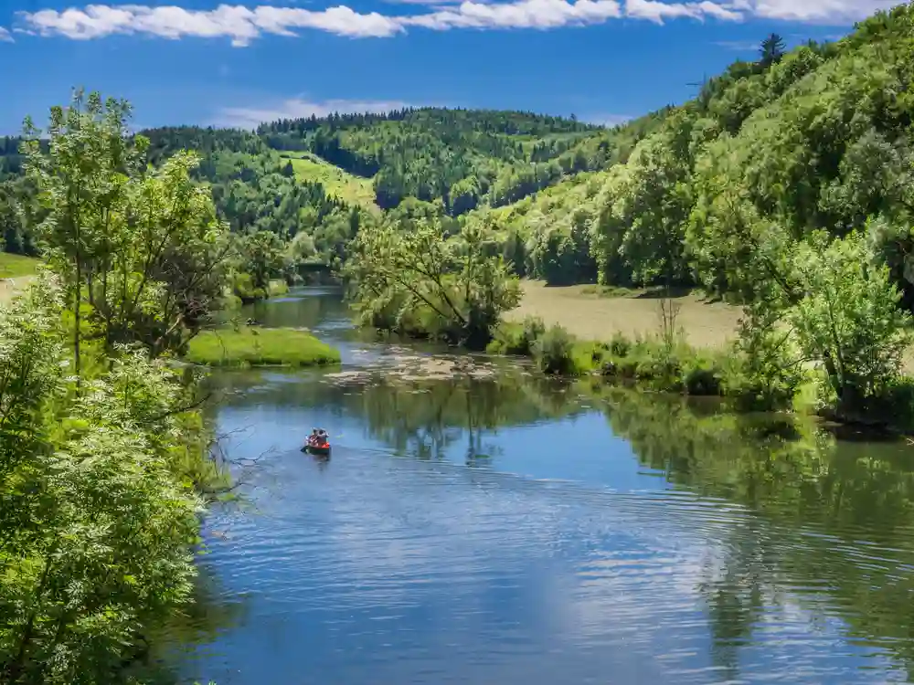 Wandern mit Hund im Oberen Donautal perfekt erleben 2 Eine Kanufahrt auf einem ruhigen Fluss im sonnigen Oberen Donautal, umgeben von grünen Hügeln und Wäldern.
