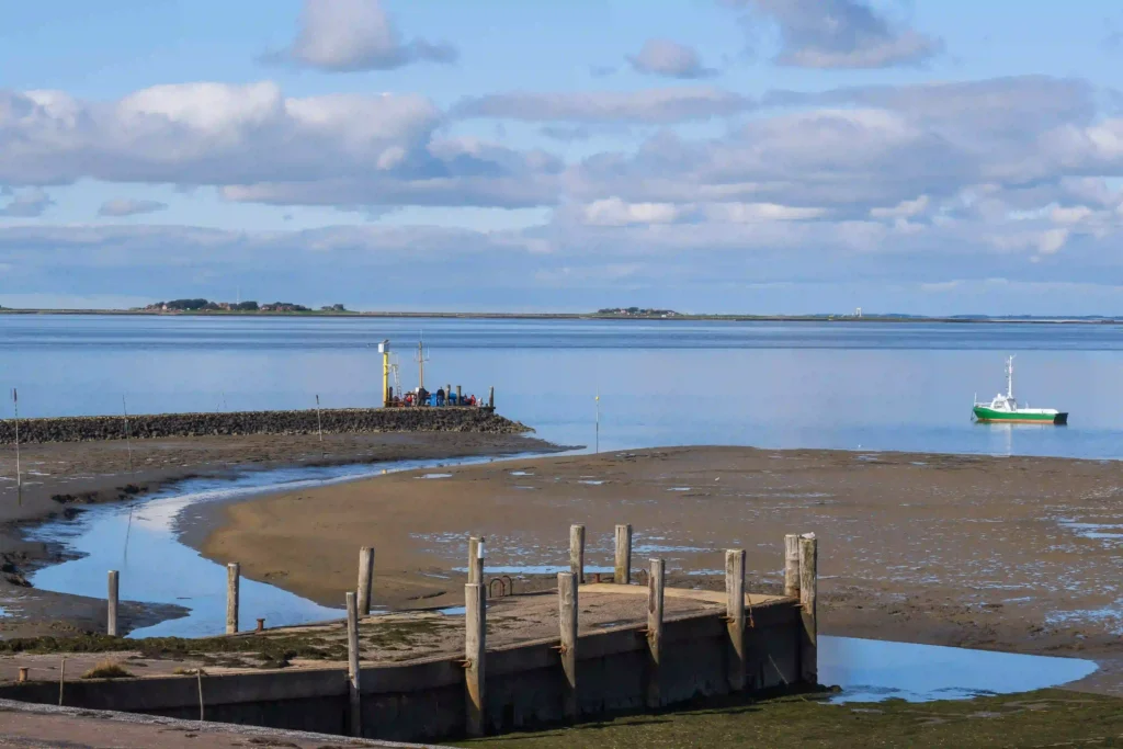 Hallig Hooge mit Hund erwandern: Traumhafte Rundwege 10 Ein kleines grünes Boot schwimmt in ruhigem blauem Wasser in der Nähe eines Steinpiers bei Ebbe, mit freiliegenden schlammigen Wattflächen und einer fernen Hallig, wahrscheinlich Hallig Hooge, unter einem teilweise bewölkten Himmel.