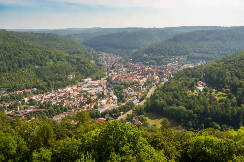 Wandern mit Hund an der Burg Hohenurach erleben 2 Panoramablick von Burg Hohenurach auf die darunter liegende Stadt Urach, eingebettet in ein grünes Tal mit bewaldeten Hügeln unter einem leicht bewölkten Himmel.