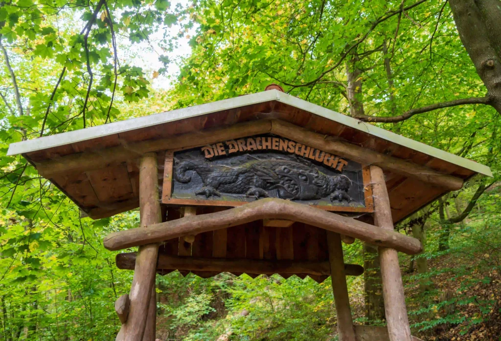 Drachenschlucht bei Eisenach: Abenteuerliche Wanderung mit Hund durch mystische Felsenwelt 4 "Enge Felsspalte in der Drachenschlucht Eisenach mit kleinem Bach und grünen Mooswänden"