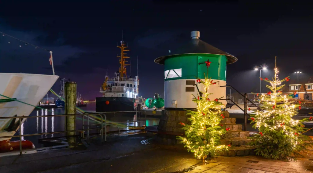 Büsum mit Hund: Perfekter Nordsee-Urlaub mit Vierbeiner 8 Weihnachtlich beleuchteter Hafen von Büsum bei Nacht mit festlich geschmückten Bäumen und Schiffen – ein stimmungsvoller Ort auch für Abendspaziergänge mit Hund in Büsum.