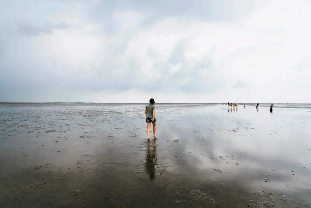 Cuxhaven mit Hund entdecken - Ferienideen für Hundebesitzer 7 Eine Person geht barfuß durch das weite, schlammige Watt in Cuxhaven unter bewölktem Himmel, ein typisches Erlebnis beim Urlaub mit Hund im Cuxhavener Watt.