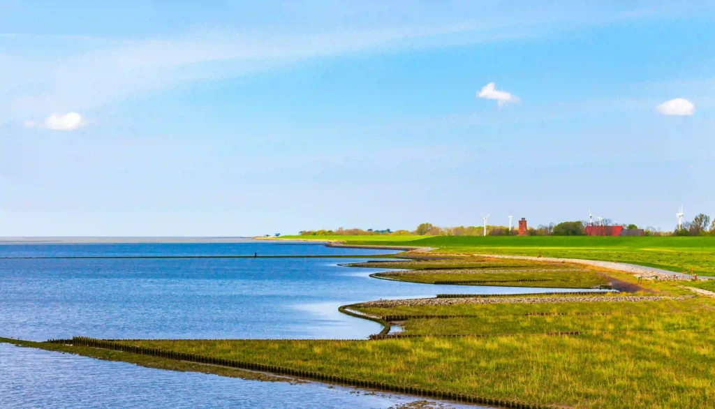 Cuxhaven mit Hund entdecken - Ferienideen für Hundebesitzer 1 Weite grüne Küstenlandschaft mit Blick auf das Meer und Windräder in der Ferne in Cuxhaven, perfekt für ausgedehnte Spaziergänge mit Hund.