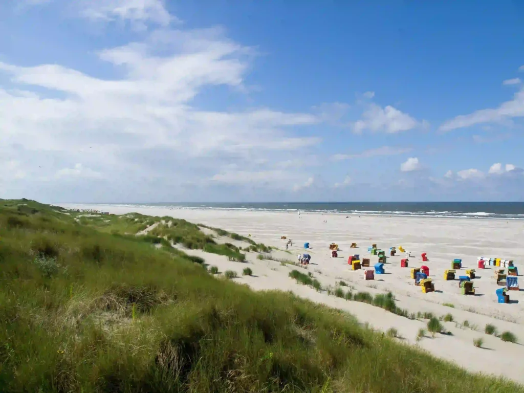 Langeoog mit Hund: dein Perfekter Inselurlaub mit Vierbeiner 1 Weitläufiger Sandstrand auf Langeoog mit bunten Strandkörben und Dünenlandschaft, ideal für Urlaub auf Langeoog mit Hund.