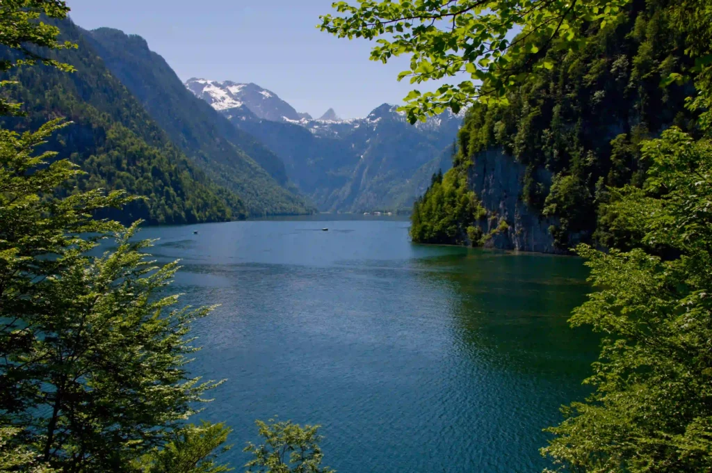 Malerwinkel Königssee: Perfekter Ausflug mit Hund 2 Malerwinkel am Königsee mit tiefblauem Wasser, bewaldeten Bergen, schneebedeckten Gipfeln und kleinen Booten auf dem See