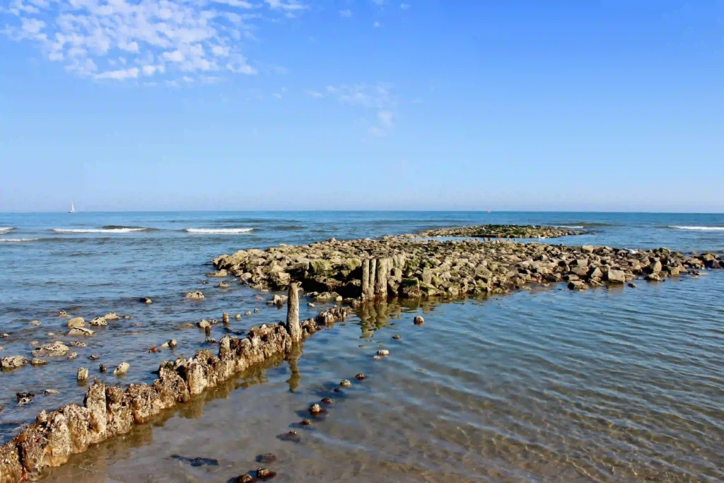 Norderney mit Hund: Top Wanderungen & Ausflugsziele an der Nordsee 11 Eine historische Buhne aus Holzpfählen und Steinen ragt ins ruhige Meer von Norderney, mit sanften Wellen und blauem Himmel – ein idyllischer Anblick für Mensch und Hund am Strand von Norderney.