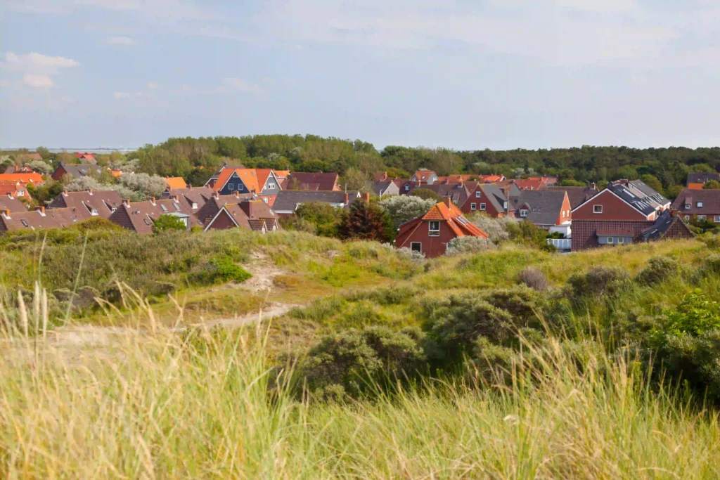 Norderney mit Hund: Top Wanderungen & Ausflugsziele an der Nordsee 12 Eine charmante Häuseransammlung mit roten Dächern eingebettet in die grüne Dünenlandschaft von Norderney, ein idyllischer Ort für Spaziergänge mit Hund.