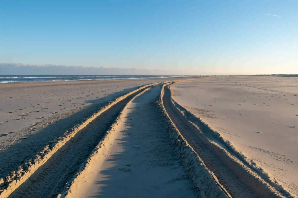 Norderney mit Hund: Top Wanderungen & Ausflugsziele an der Nordsee 8 Reifenspuren ziehen sich über den weiten, unberührten Sandstrand von Norderney unter einem klaren Himmel – viel Platz für ausgiebige Hundespaziergänge auf Norderney.