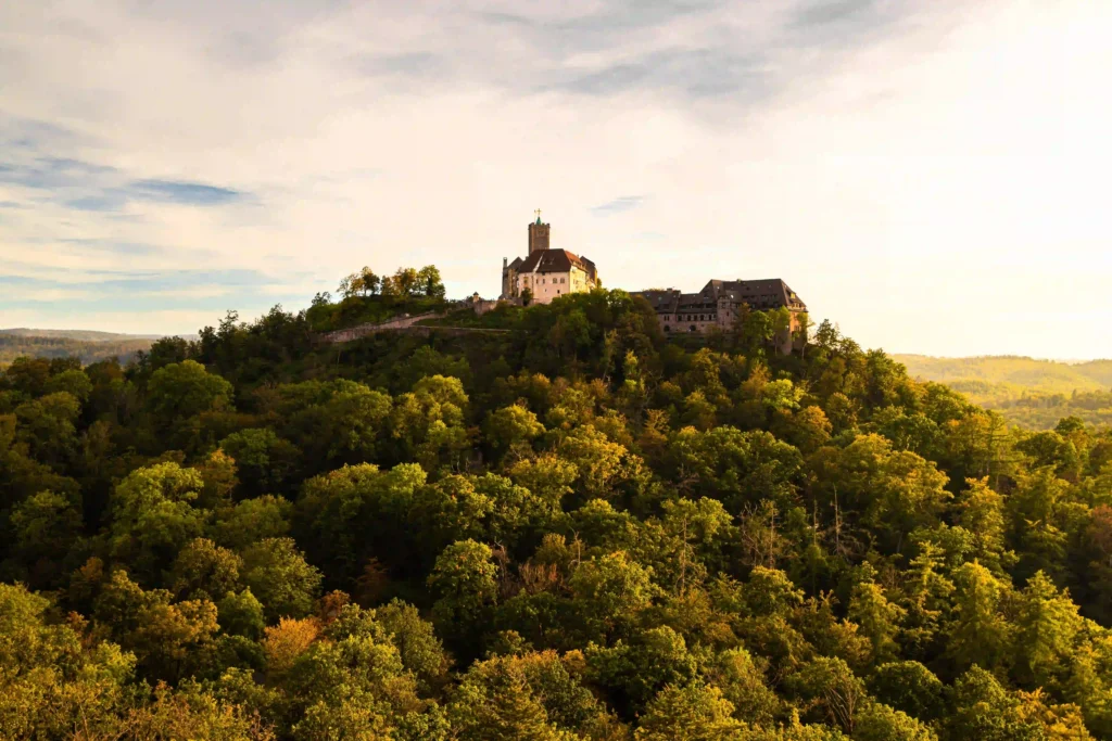 Wartburg mit Hund: Dein perfekter Wanderurlaub im Thüringer Wald 5 Weitläufige Landschaftsaufnahme der Wartburg auf einem Hügel, umgeben von Herbstbäumen, ein Ziel für passionierte Wanderer.
