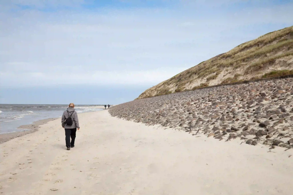 Urlaub auf Wangerooge mit Hund: Dein Guide für perfekte Ferien mit Vierbeiner 2 Spaziergang am Sandstrand von Wangerooge mit Hund, im Hintergrund die steinige Düne und weitere Spaziergänger am Meer.