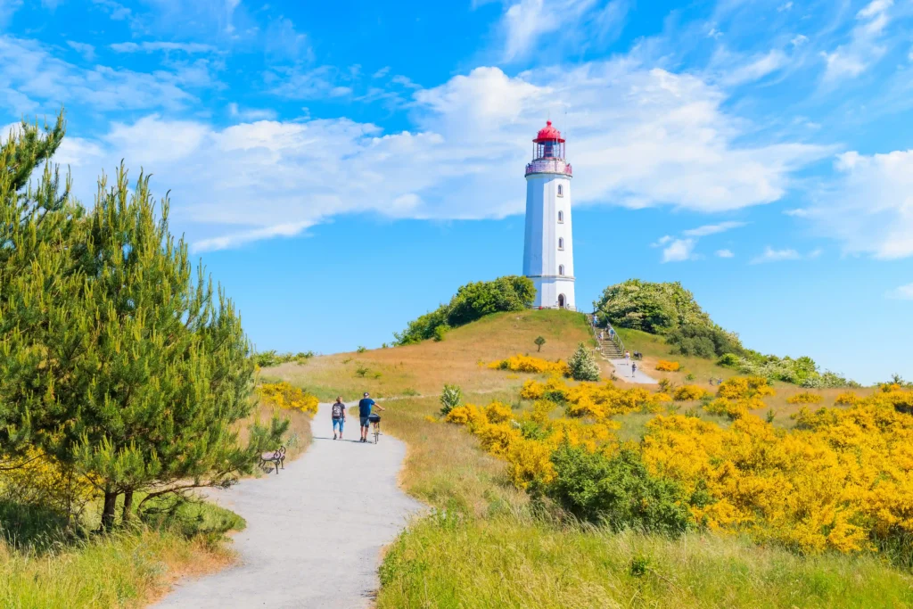 Hiddensee mit Hund: Perfekter Guide für deinen Inselurlaub 4 Leuchtturm mit Menschen und Bank am Meer, ideal für einen entspannten Urlaub auf Hiddensee in natürlicher Umgebung