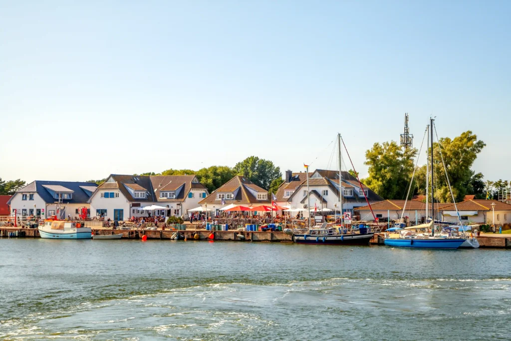 Hiddensee mit Hund: Perfekter Guide für deinen Inselurlaub 8 Lebhafte Hafenansicht mit Segelbooten, weißen Gebäuden und Menschen im Freien – perfekter Urlaub auf Hiddensee.