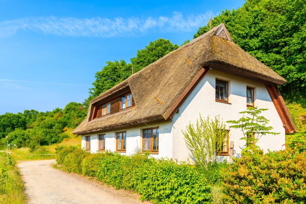 Urlaub mit Hund in Sellin auf Rügen – Dein perfekter Ostsee-Guide 7 Traditionelles Reetdachhaus mit Garten und blühenden Pflanzen bei Sonnenschein in Sellin auf Rügen
