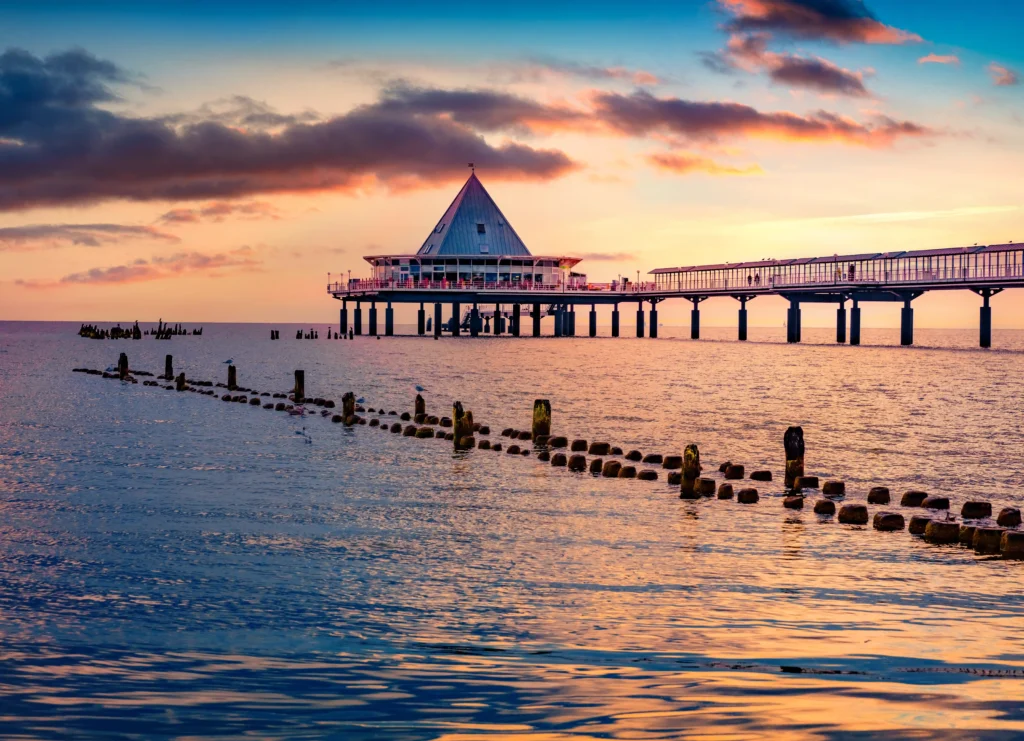 Urlaub mit Hund in Heringsdorf: Dein perfekter Ostsee-Guide 27 Gebäude, Steg und viele Holzpfähle mit einem Vogel am Wasser bei Heringsdorf an der Ostsee im Sonnenlicht.