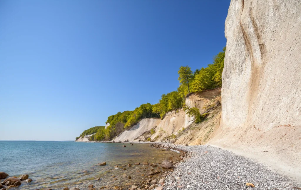 Wanderung Königsstuhl mit Hund: Perfekter Guide für Kreidefelsen 6 Wanderung Königsstuhl: Weiße Kreidefelsen mit grünem Laub und blauem Himmel über ruhigem Meer und steinigem Ufer.