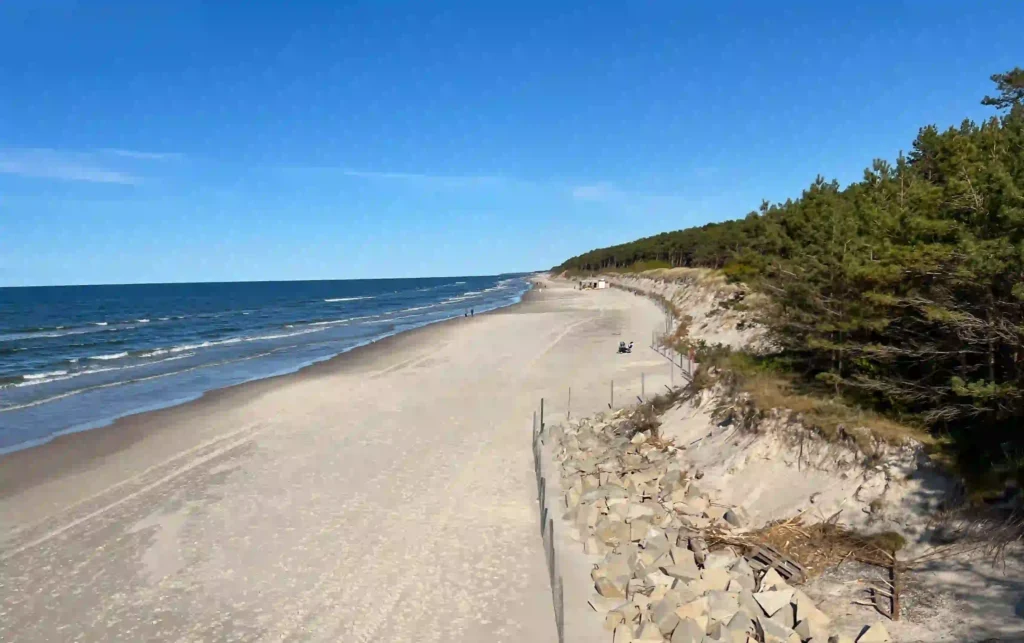 Rügen mit Hund: Perfekter Urlaub für dich & deinen Vierbeiner 9 Weite Sandstrand mit zwei Personen am Wasser, blauer Himmel und Pinienwald – perfektes Rügen mit Hund Erlebnis