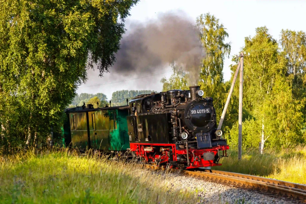 Rügen mit Hund: Perfekter Urlaub für dich & deinen Vierbeiner 14 Schwarze Dampflokomotive mit grünen Wagen auf Gleisen in grüner Landschaft, ideal für Rügen mit Hund Ausflüge.