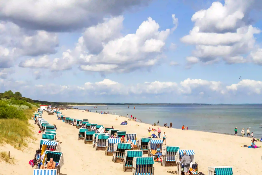 Urlaub mit Hund in Zinnowitz: Dein perfekter Ostseeurlaub 6 Belebter Strand in Zinnowitz mit Hund, Strandkörbe, Spaziergänger, Kinder und Wassersport an sonnigem, leicht bewölktem Tag
